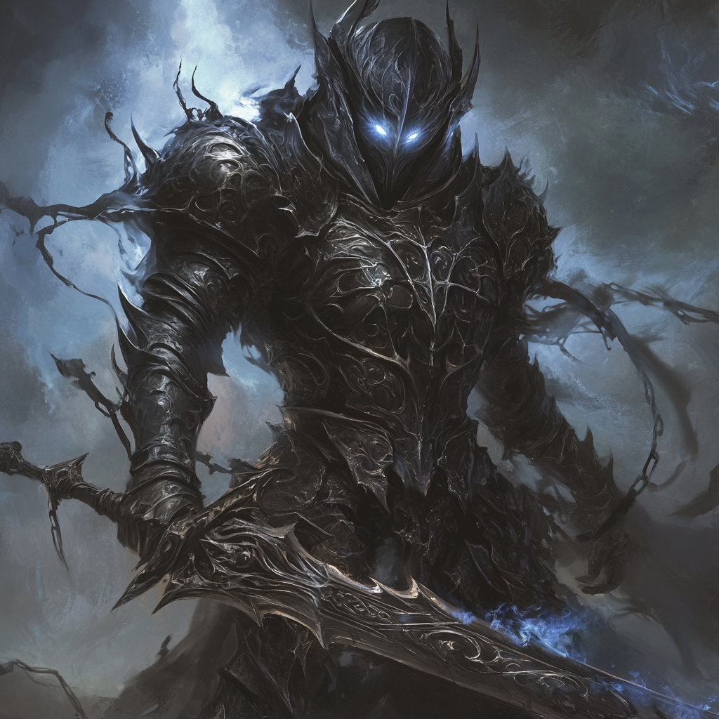 Dark paladin in black armor wields dark greatsword. Sky is stormy.