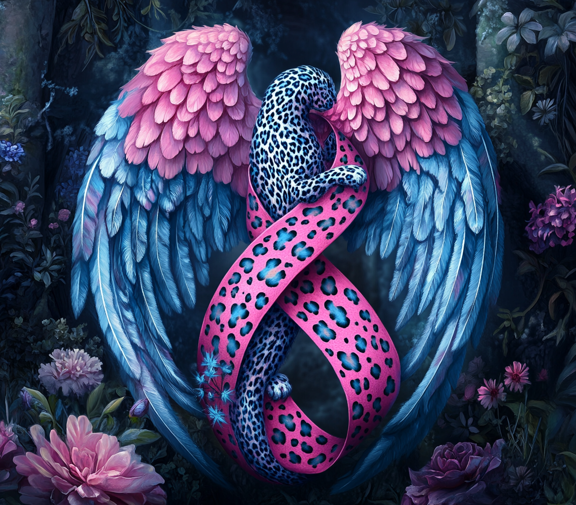 Dark pink and blue cancer ribbon with angel wings.