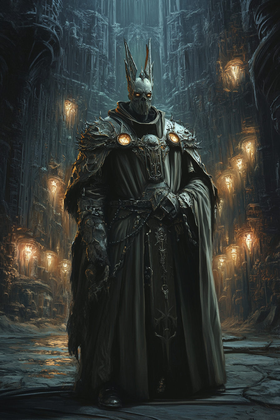 Dark priest in gothic robes in cathedral.