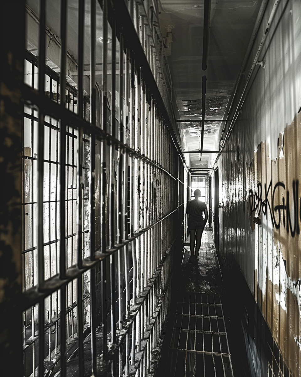 Dark prison cell with iron bars, stark shadows.