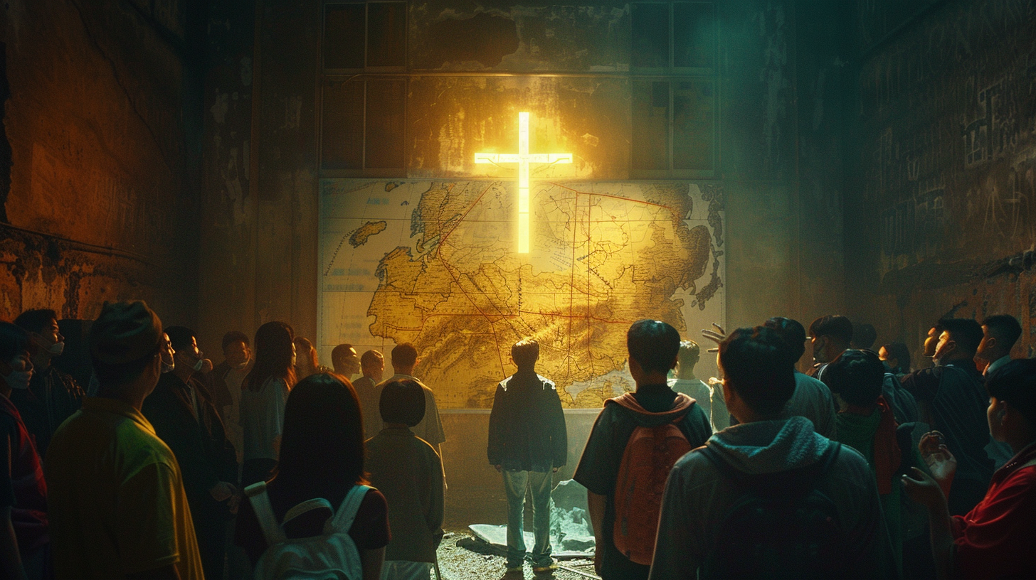 Dark scene with glowing cross, map, and diverse people.