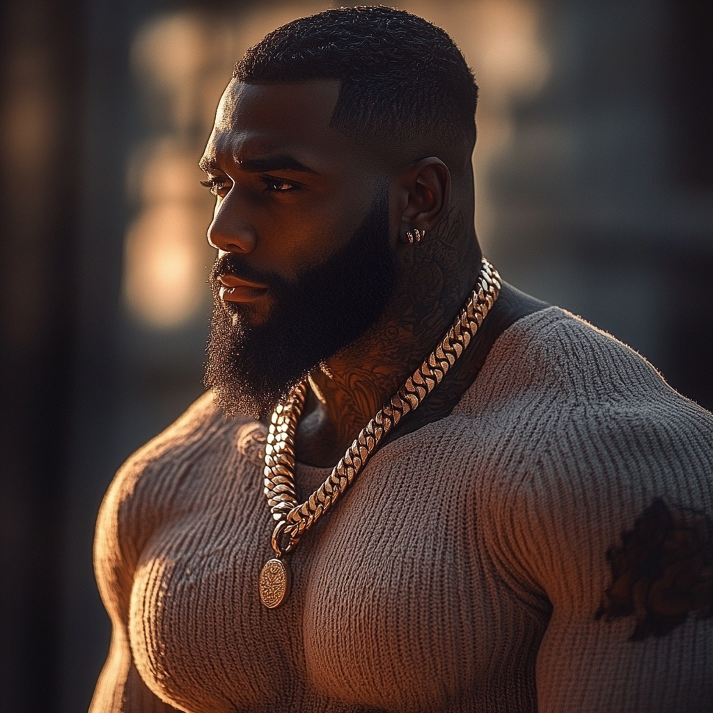 Dark-skinned man with sharp edge up, tattoos and chain.