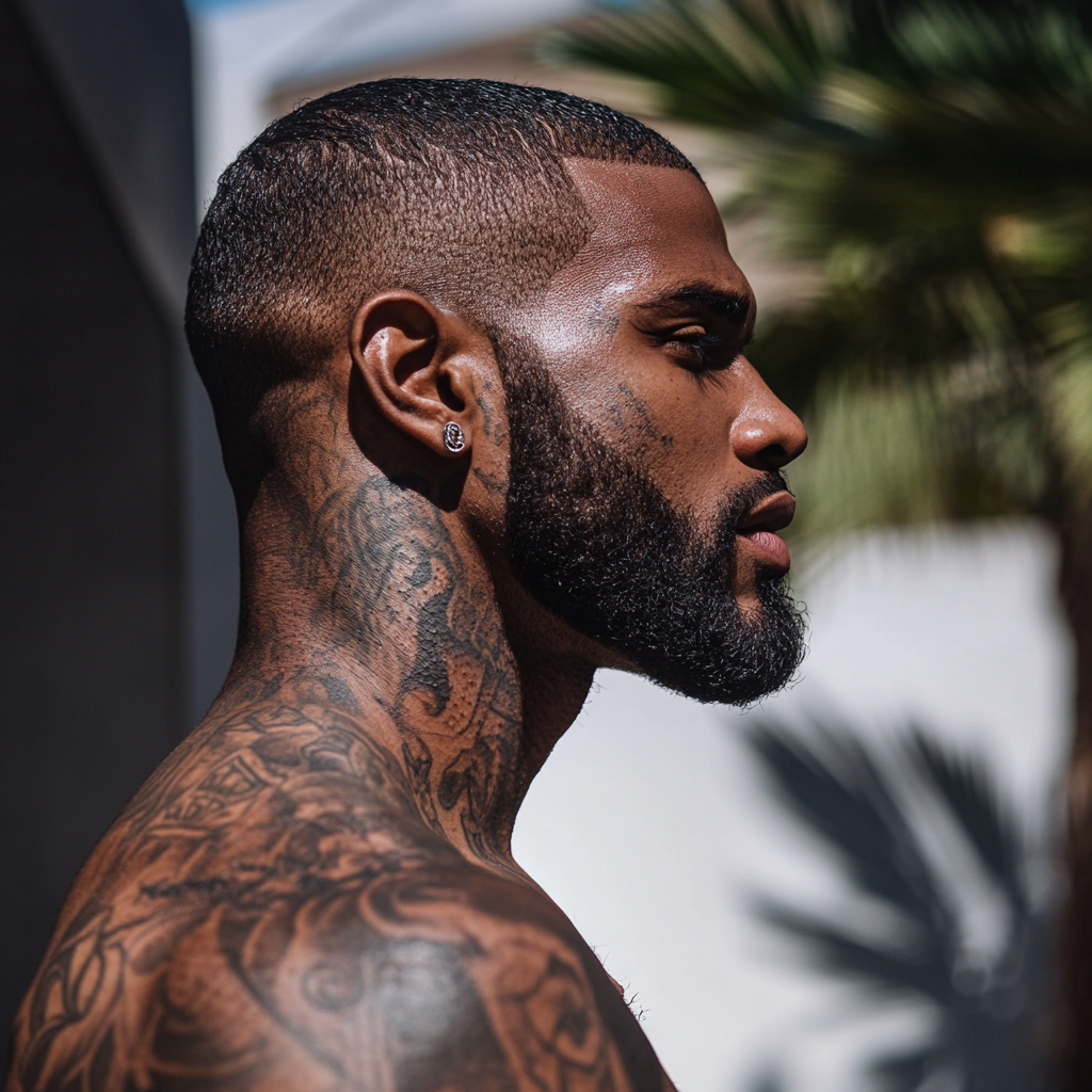 Dark skinned man with tattoos, sharp edge up stand.