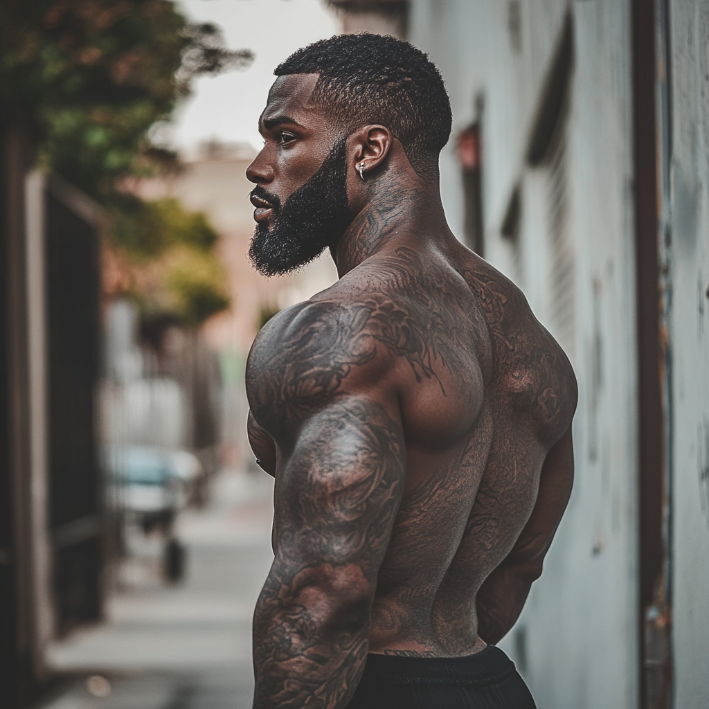 Dark skinned man with tattoos stands outside.