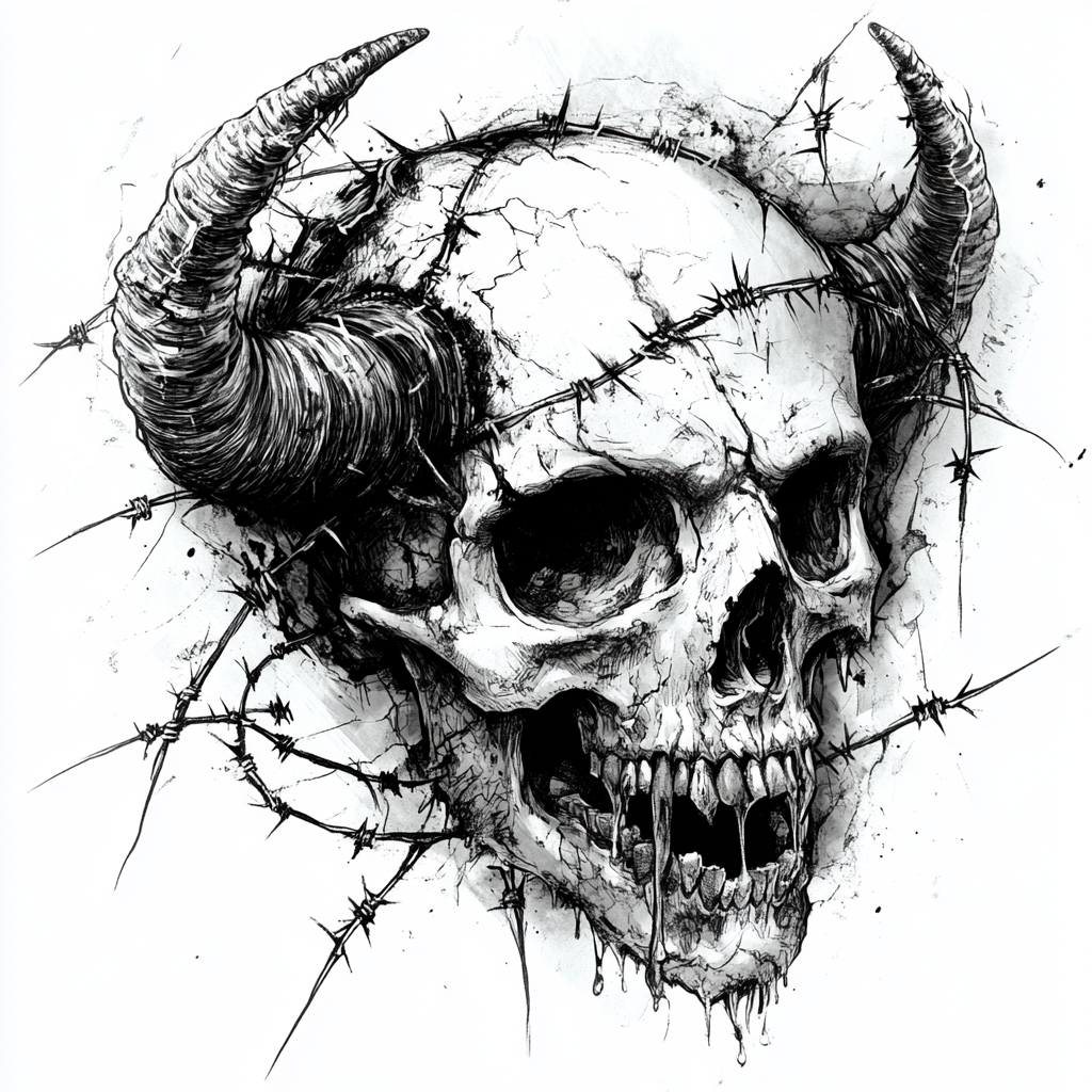 Dark skull with old horns, barbed wire, grunge tattoo.