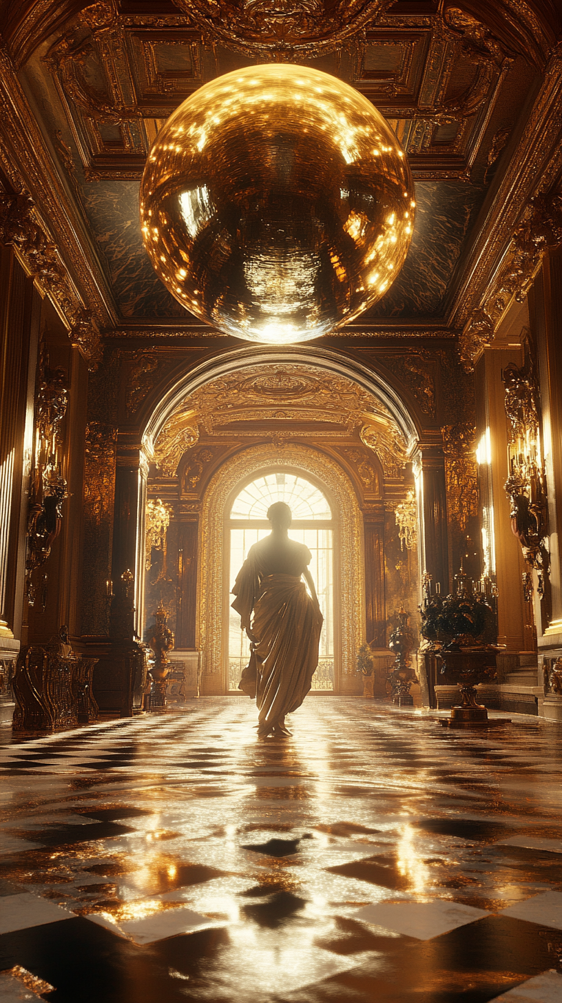 Dark statue in golden hall with shiny sphere, 4k.