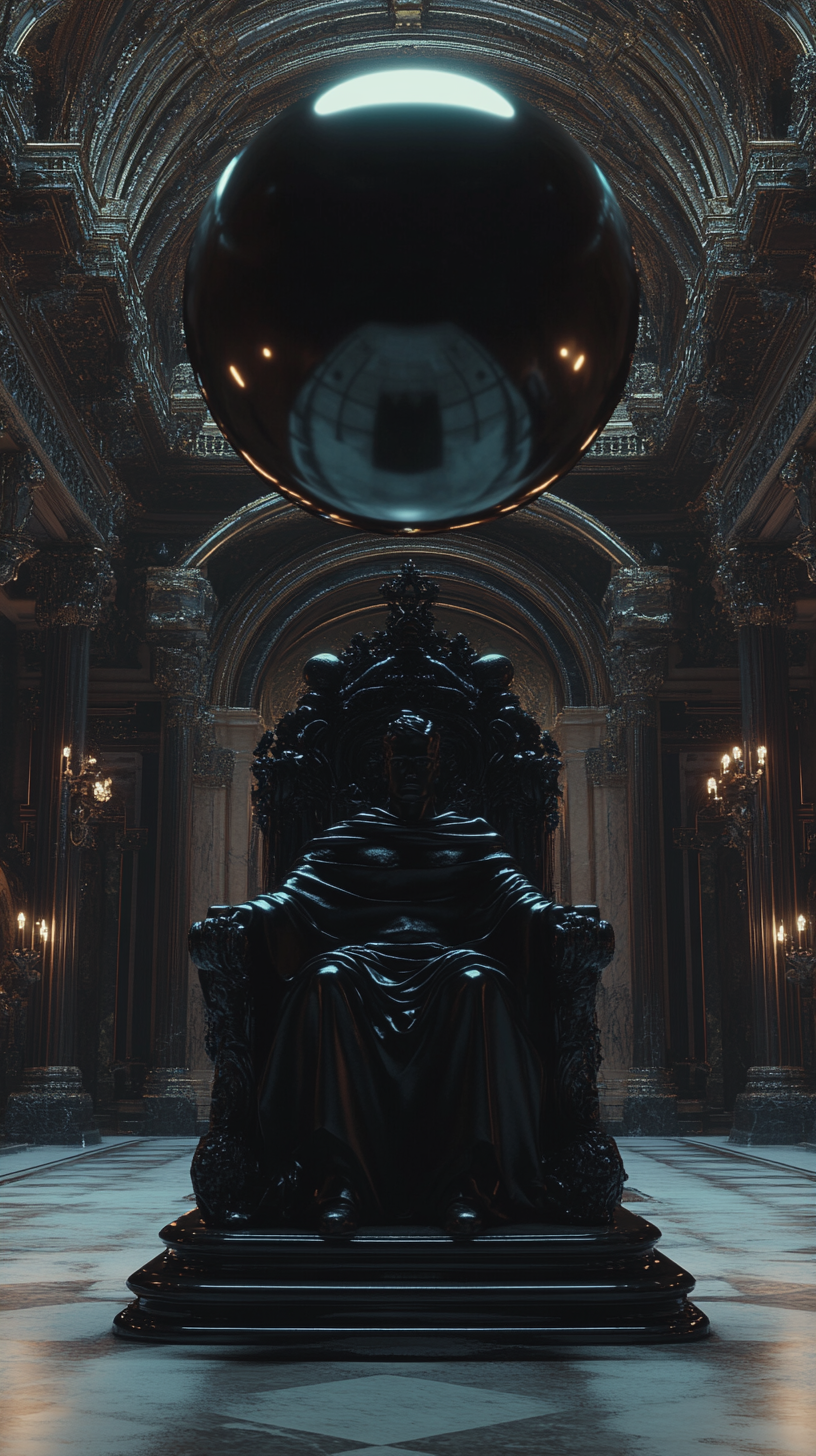 Dark statue on throne in Victorian castle lobby.