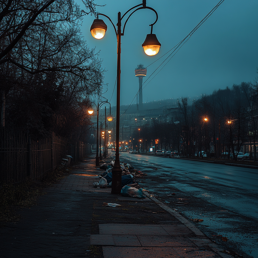 Dark street in Almaty with broken curbs and garbage.