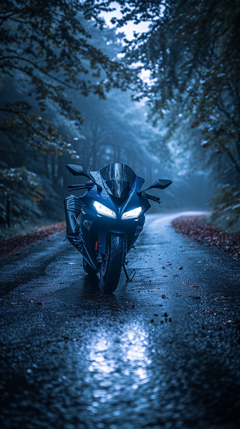 Dark trail cinematic shot of Yamaha R3 motorcycle.