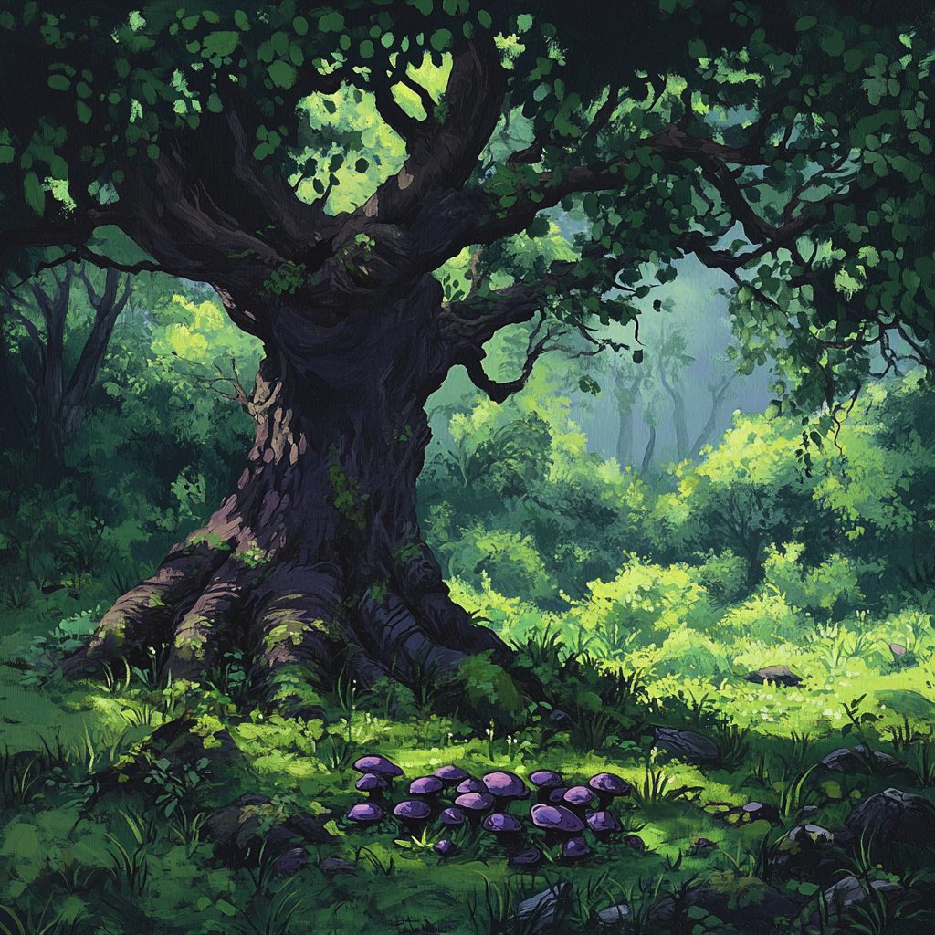 Dark tree in green forest with purple mushrooms.