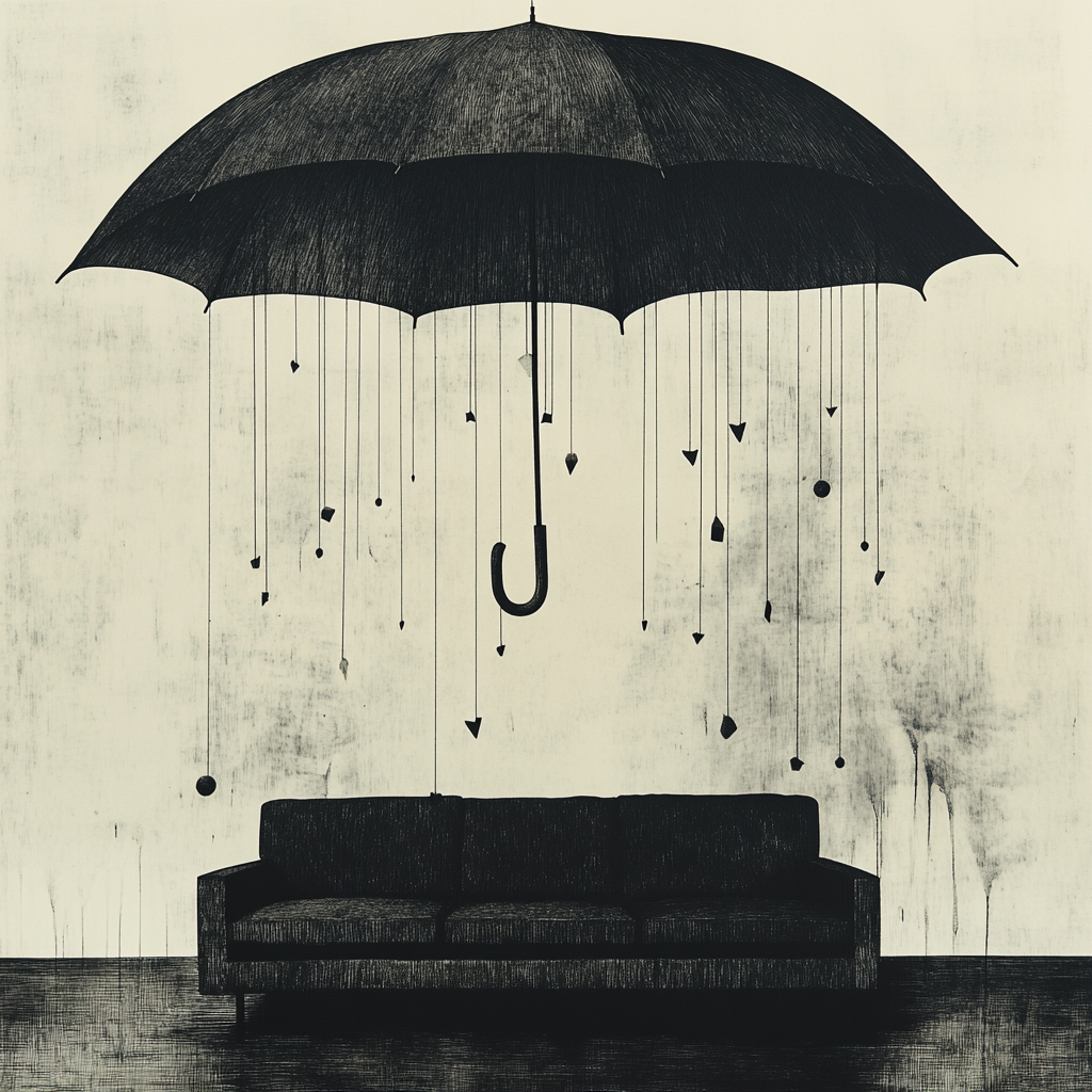 Dark umbrella hangs over black sofa, eerie room