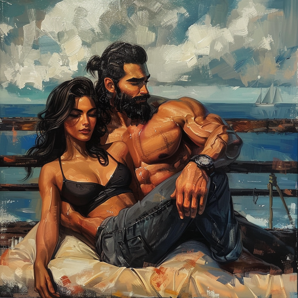 Dark wavy hair woman and bearded man pose.