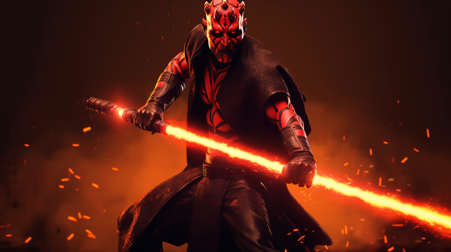 Darth Maul ready with red lightsaber in flames