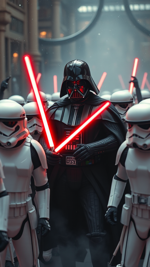 Darth Vader facing angry clone stormtroopers