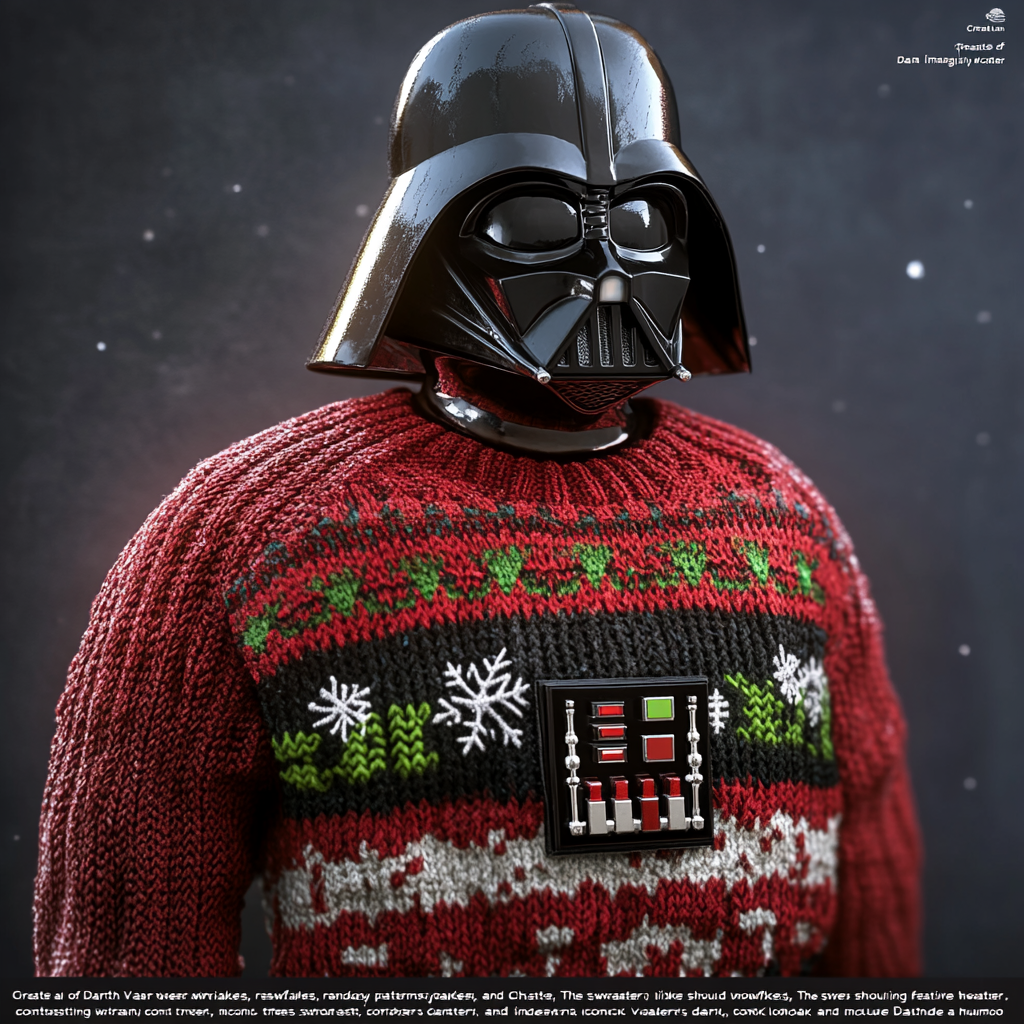 Darth Vader in Christmas sweater with festive designs