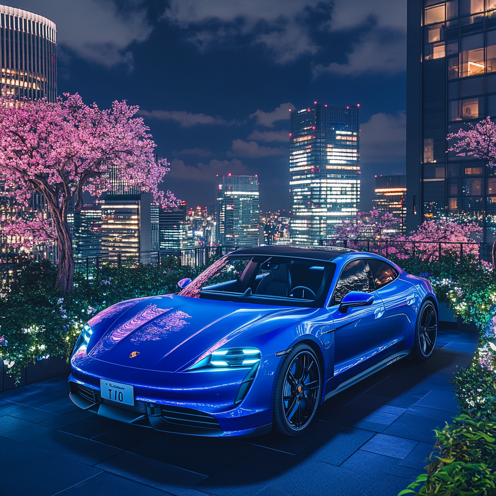 Dazzling blue Porsche Taycan Turbo S in Tokyo rooftop garden