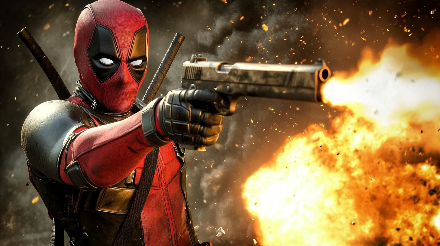 Deadpool aiming with two golden guns in movie.