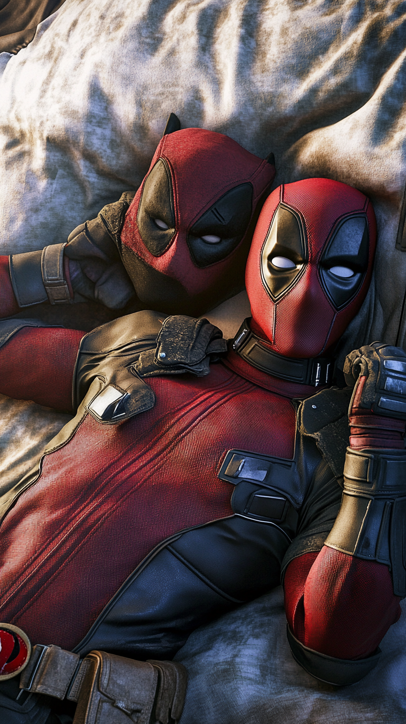 Deadpool and Wolverine Model Playfully on Bed