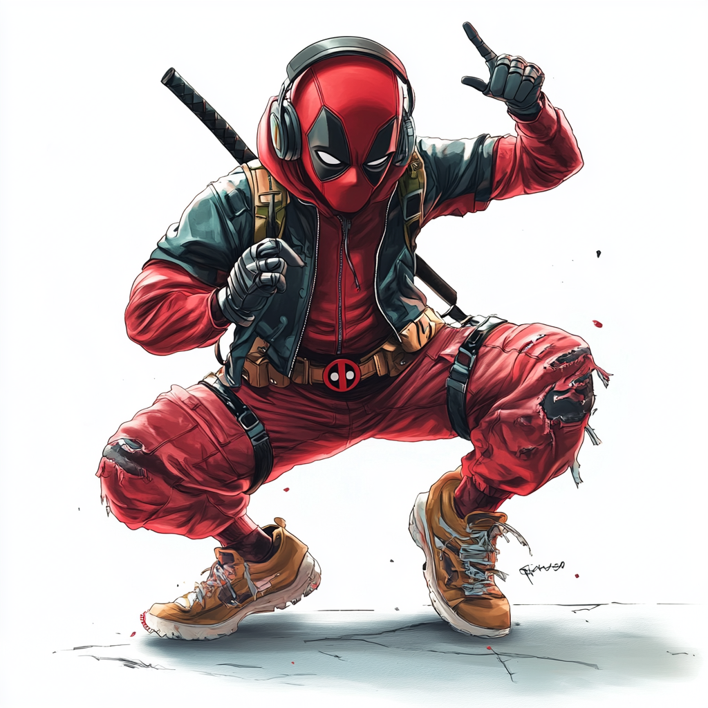 Deadpool in hip hop dancer outfit, breakdancing pose.