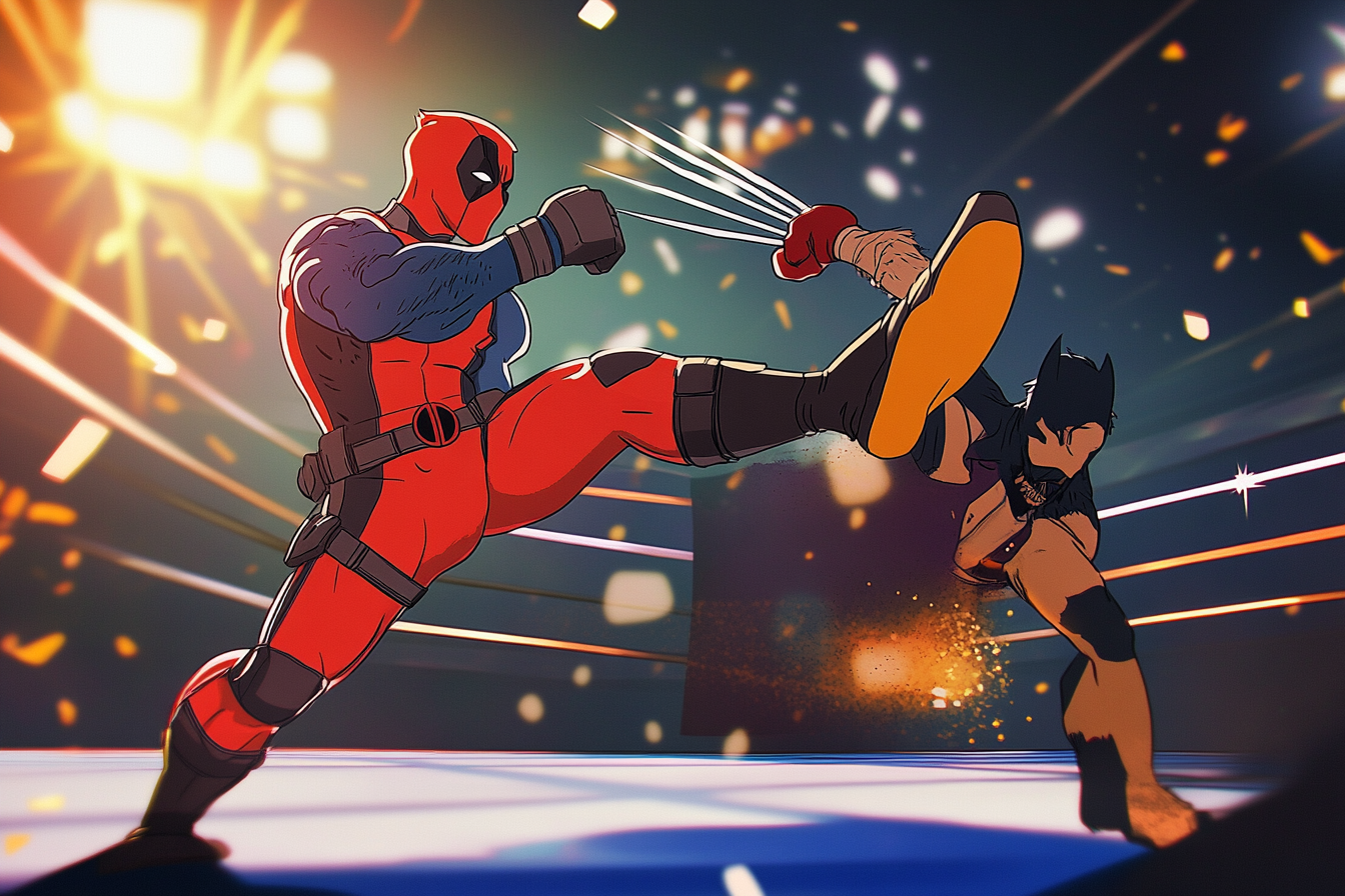 Deadpool kicks Wolverine with dynamic energy in animation scene.