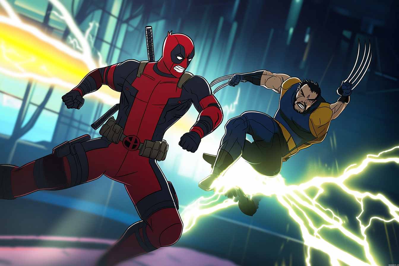 Deadpool kicks Wolverine with mischievous grin. Vibrant energy.