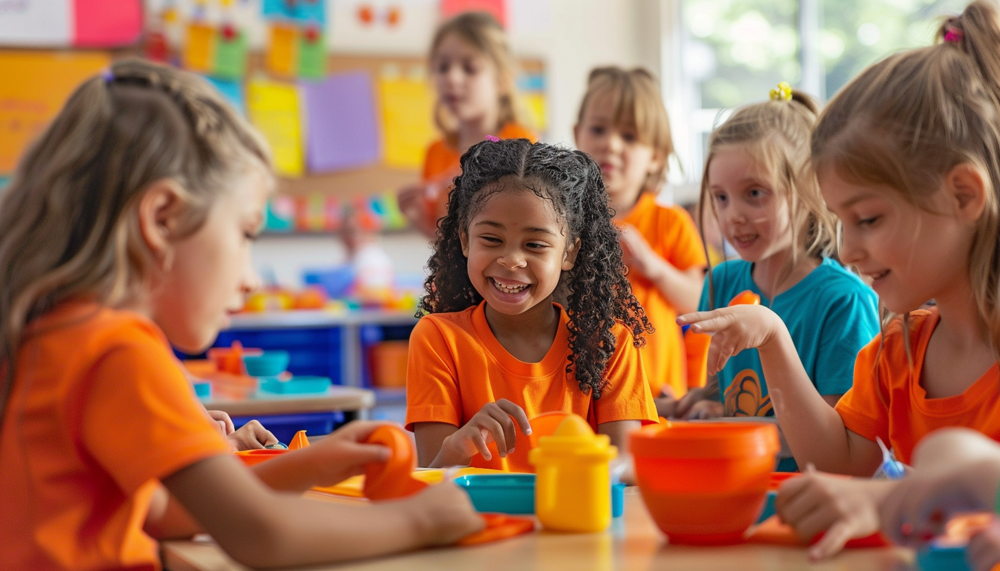 Deaf elementary students in bright orange shirts learning ASL.