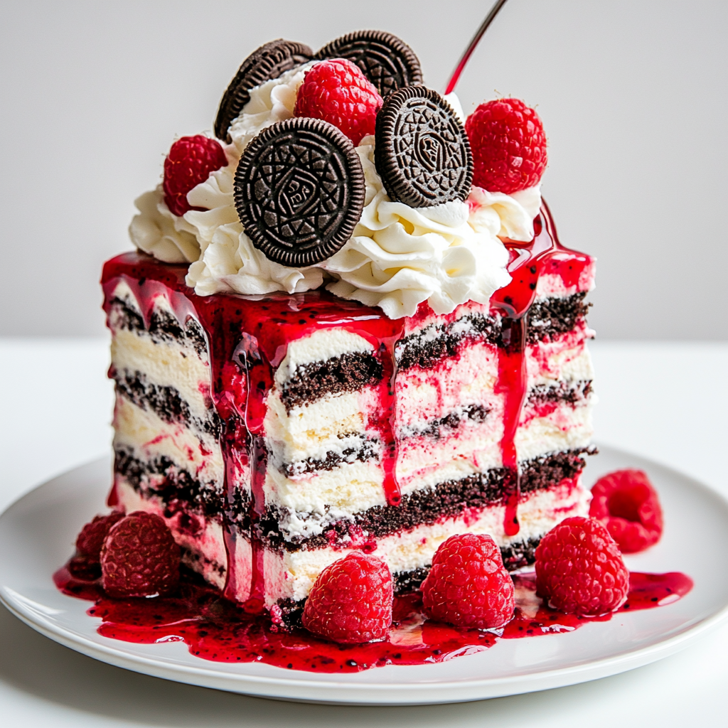 Decadent cake with cream, Oreos, raspberries, and sauce