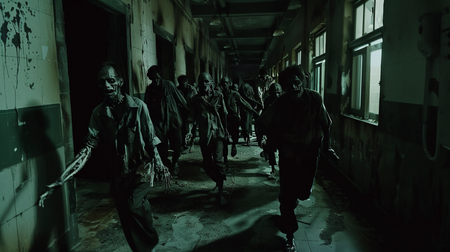 Decayed zombies seeking prey in dark Thai high school.