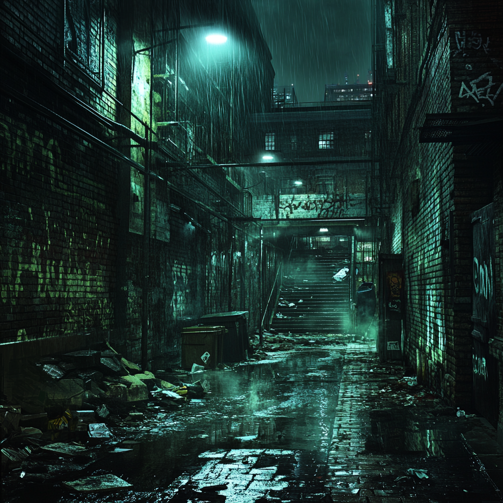 Decaying city street at night, eerie, mysterious atmosphere.