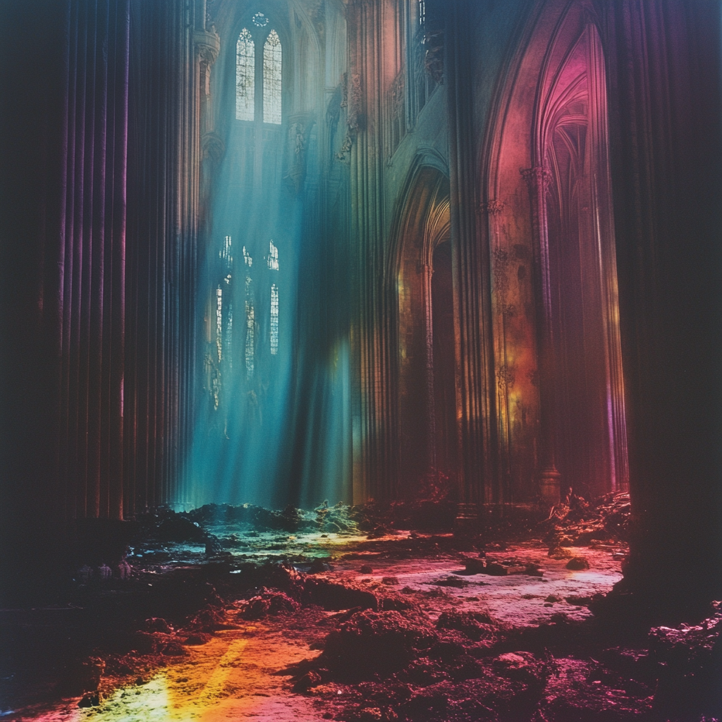 Decaying coral reefs underwater in cathedral, dreamy composition.