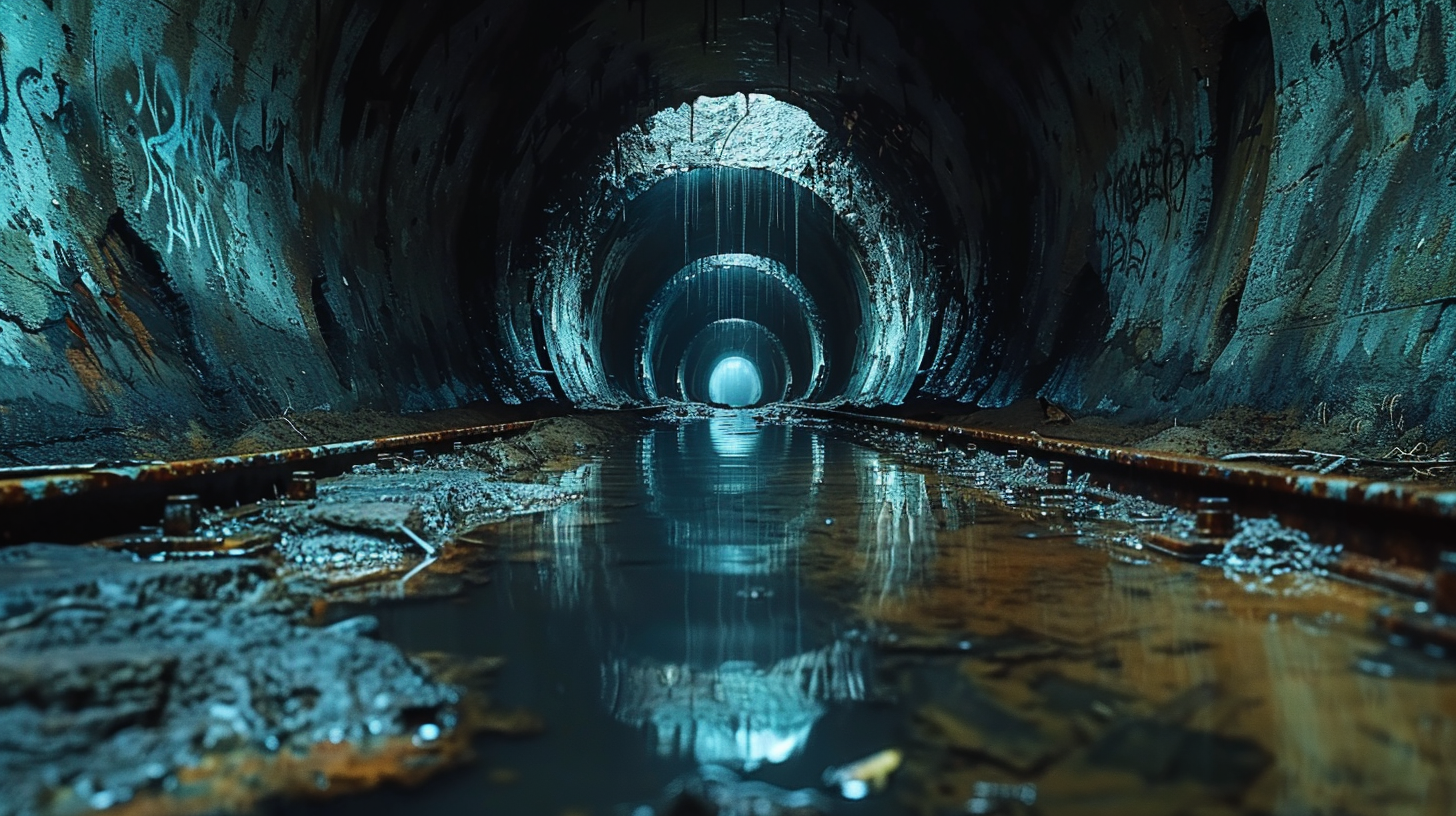 Decaying subway tunnel with graffiti and flickering lights.