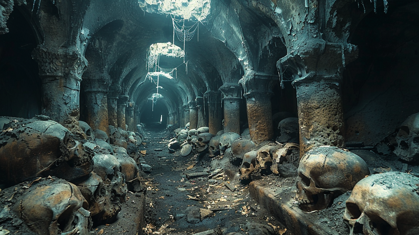 Decrepit catacomb filled with dusty coffins and cobwebs.