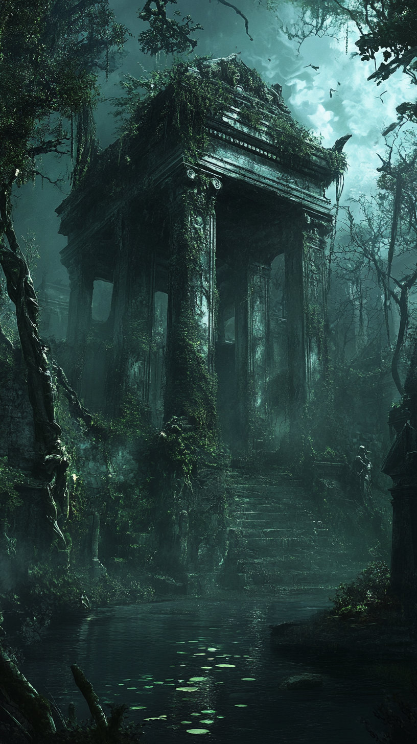 Decrepit temple surrounded by shadowy swamp, haunting specters linger.