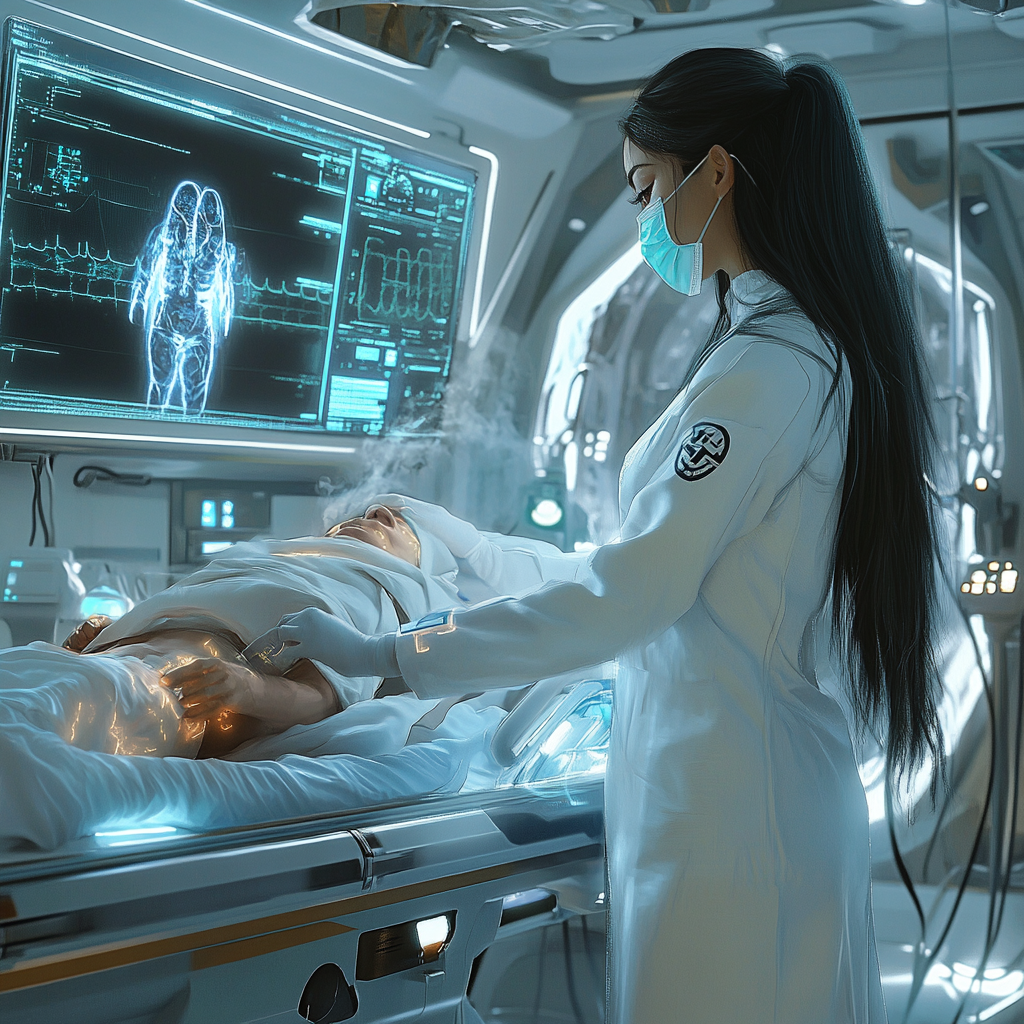 Dedicated doctor in futuristic spaceship medical bay