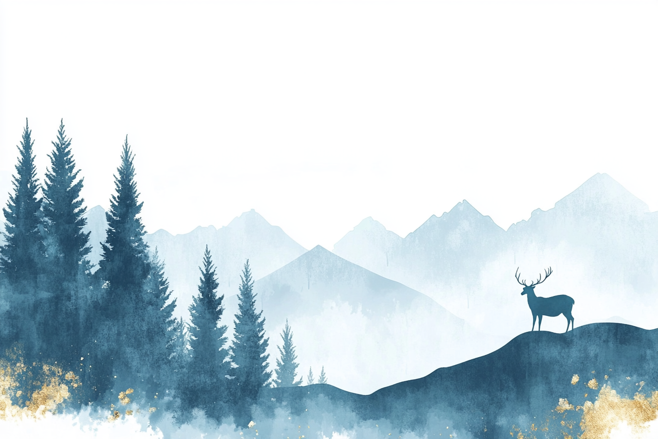 Deer on hilltop, forest, mountains, simple watercolor style.
