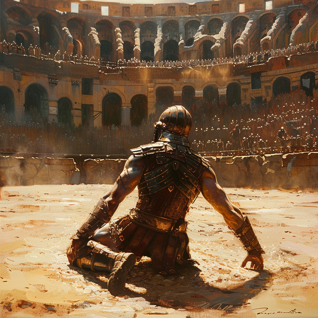 Defeated gladiator in Coliseum awaiting crowd's decision, dramatic scene.