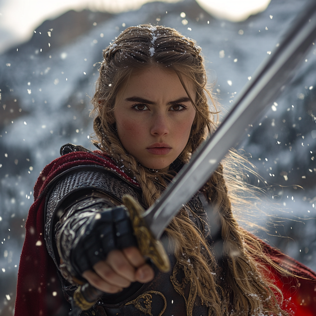 Defiant Viking woman in armor with sword on mountain