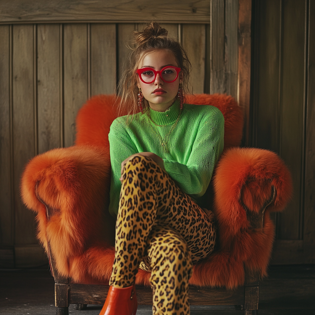 Defiant girl in leopard pants and red fur coat.