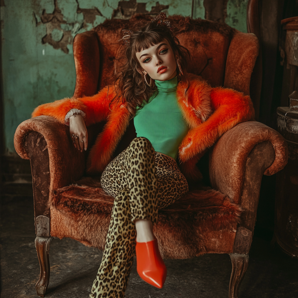 Defiant rock star in vintage photo shoot. Bright clothes.