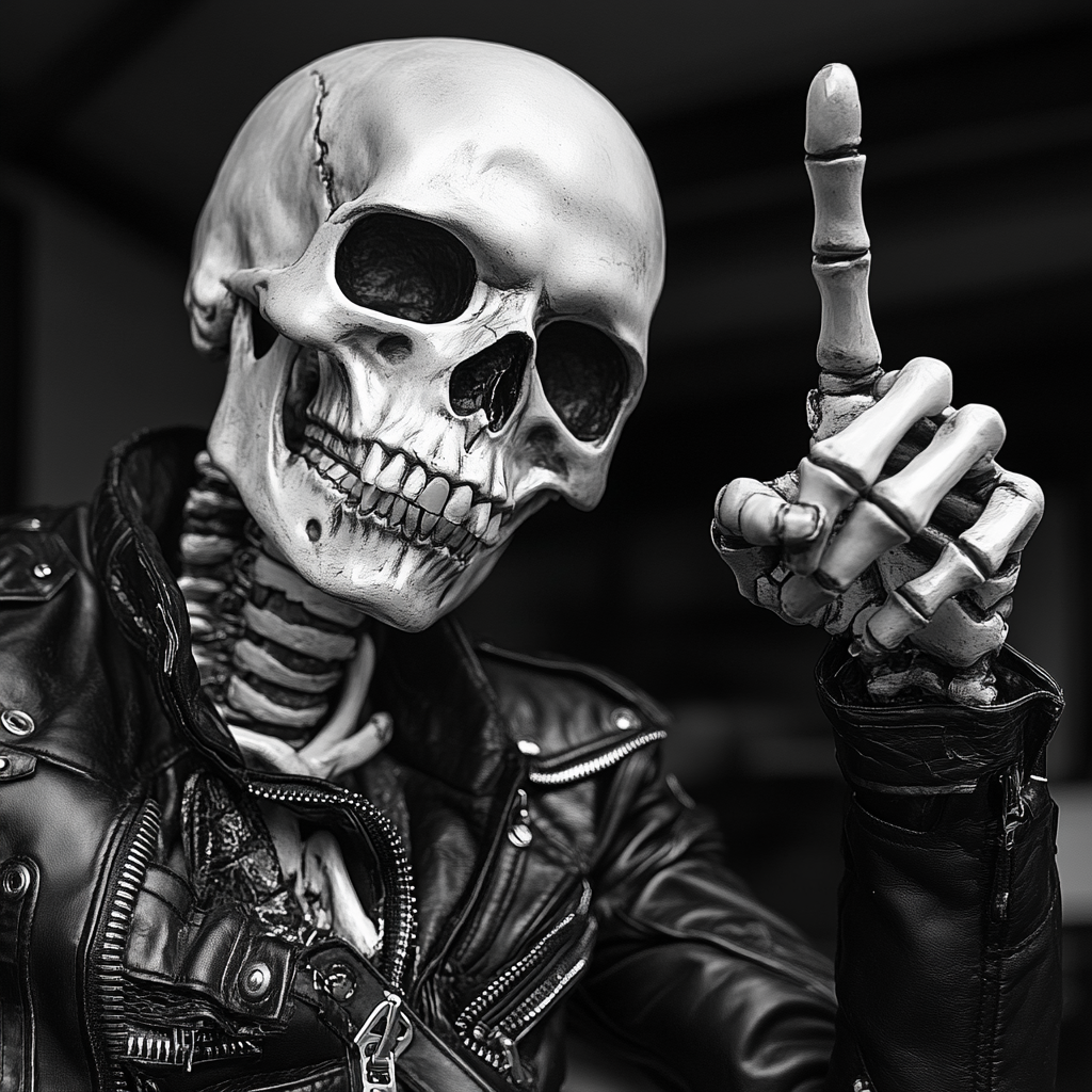 Defiant skeleton in motorcycle jacket flipping middle finger backwards.