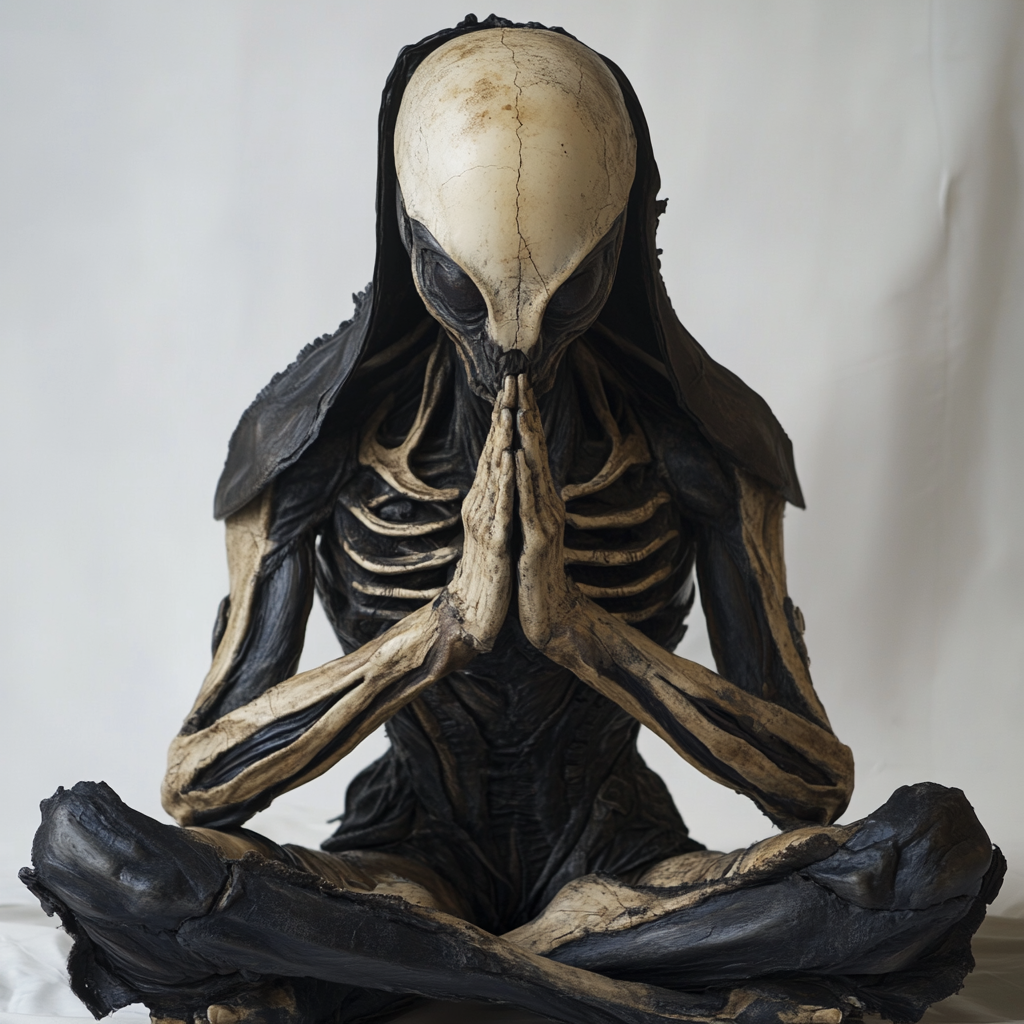 Deformed deity meditating, looking at camera in grotesque style