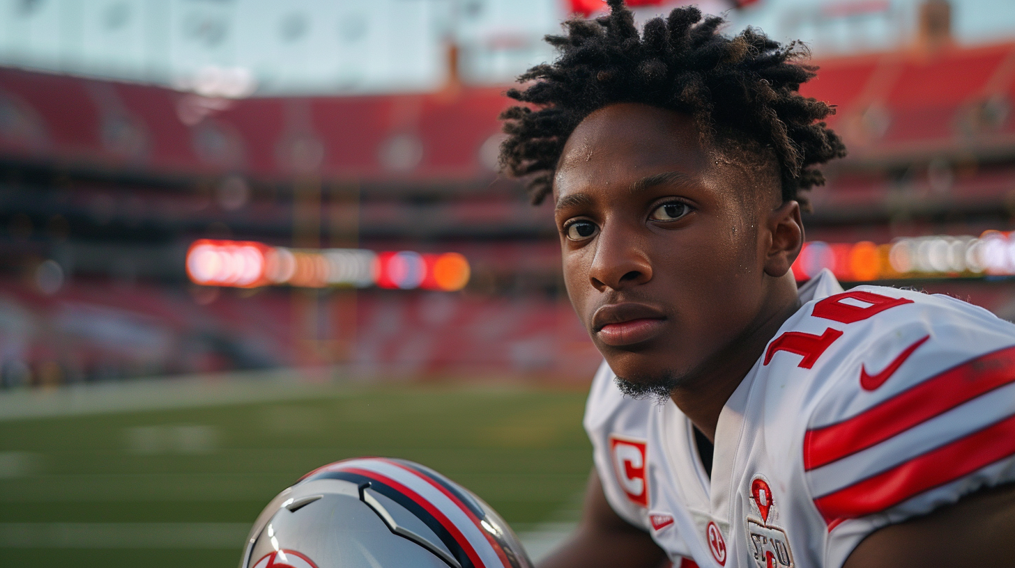 Dejected football player on sideline, tank on field, somber.