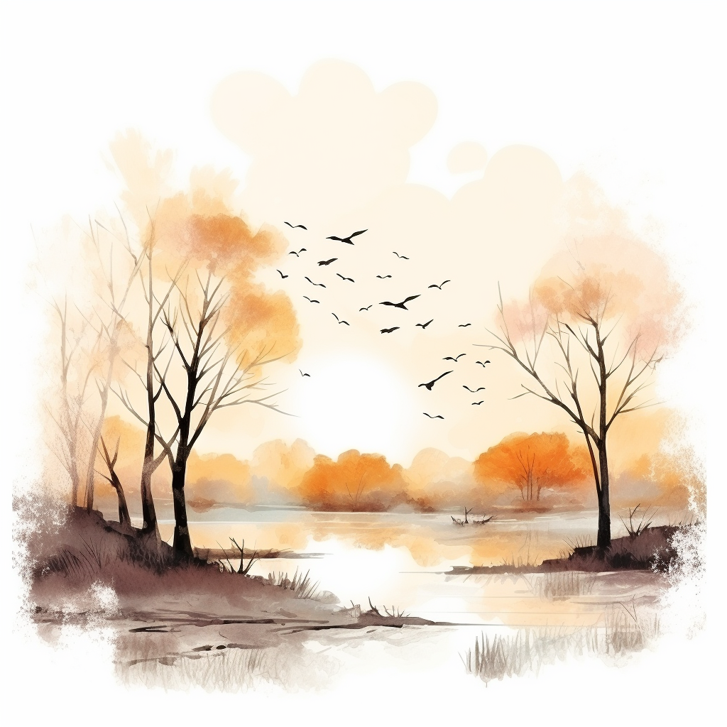 Delicate Bird Silhouettes in Autumn Landscape Watercolor Illustration