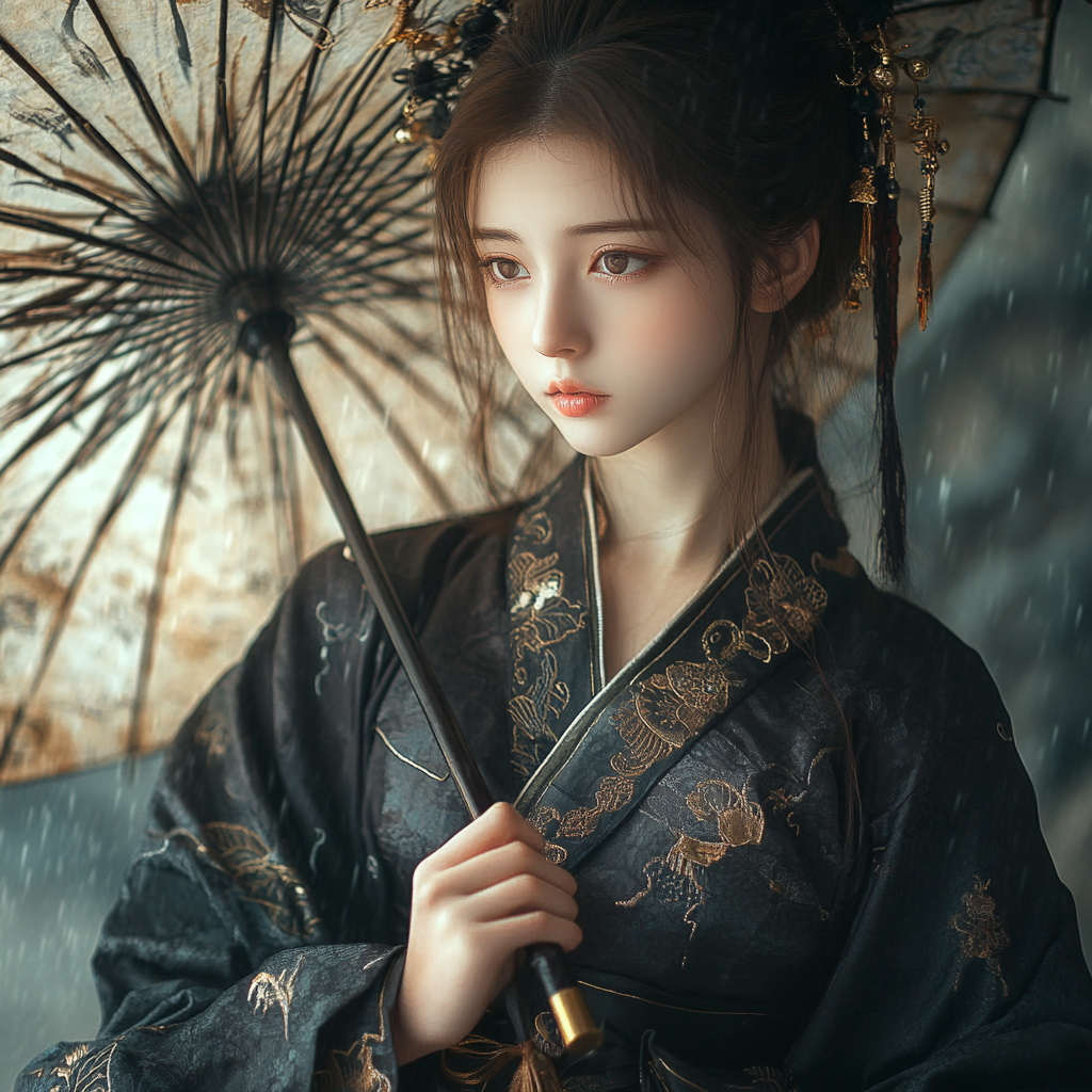 Delicate Chinese girl in Tang costume with umbrella.