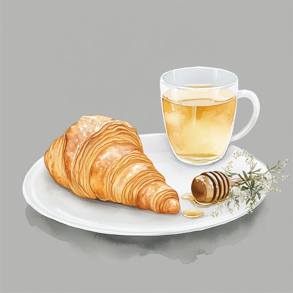 Delicate croissant, honey, tea on porcelain plate