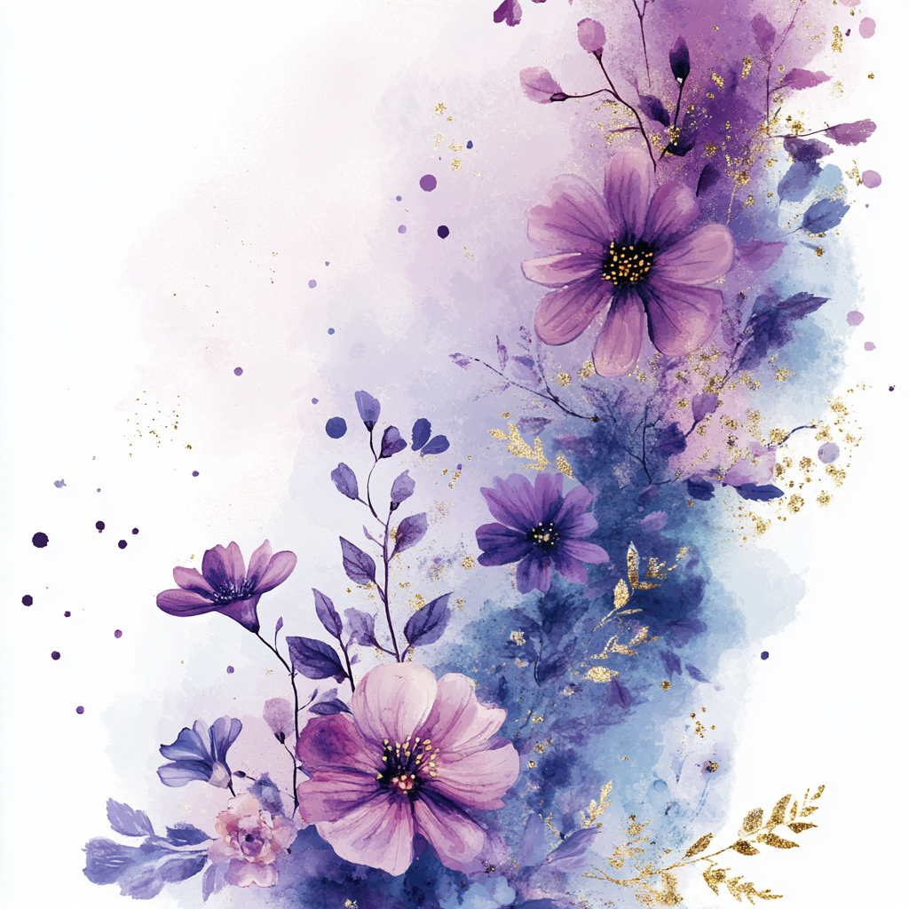 Delicate flowers in purple, pink, blue with gold accents