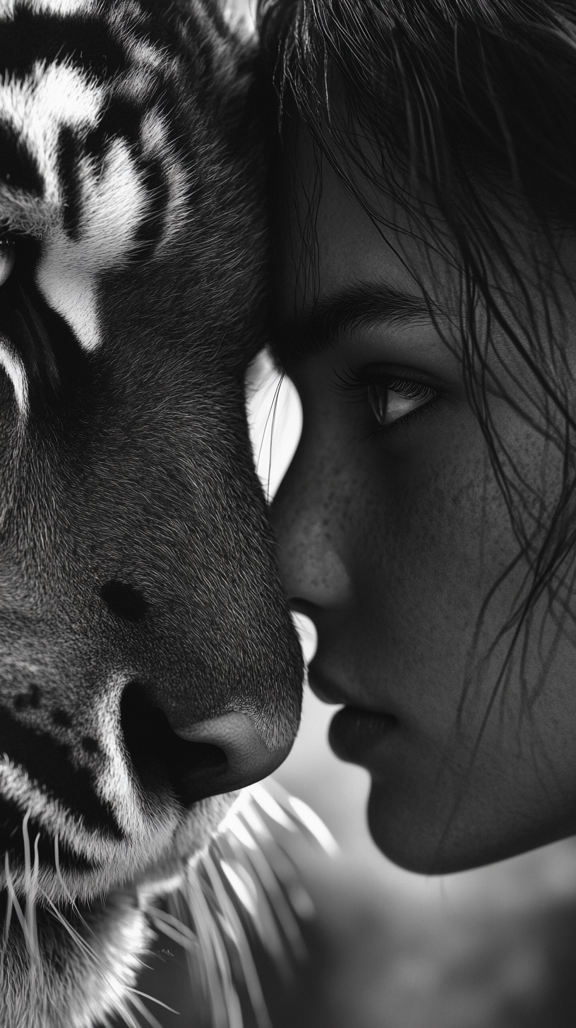 Delicate girl gazes into tiger's eyes, ultra detailed image.