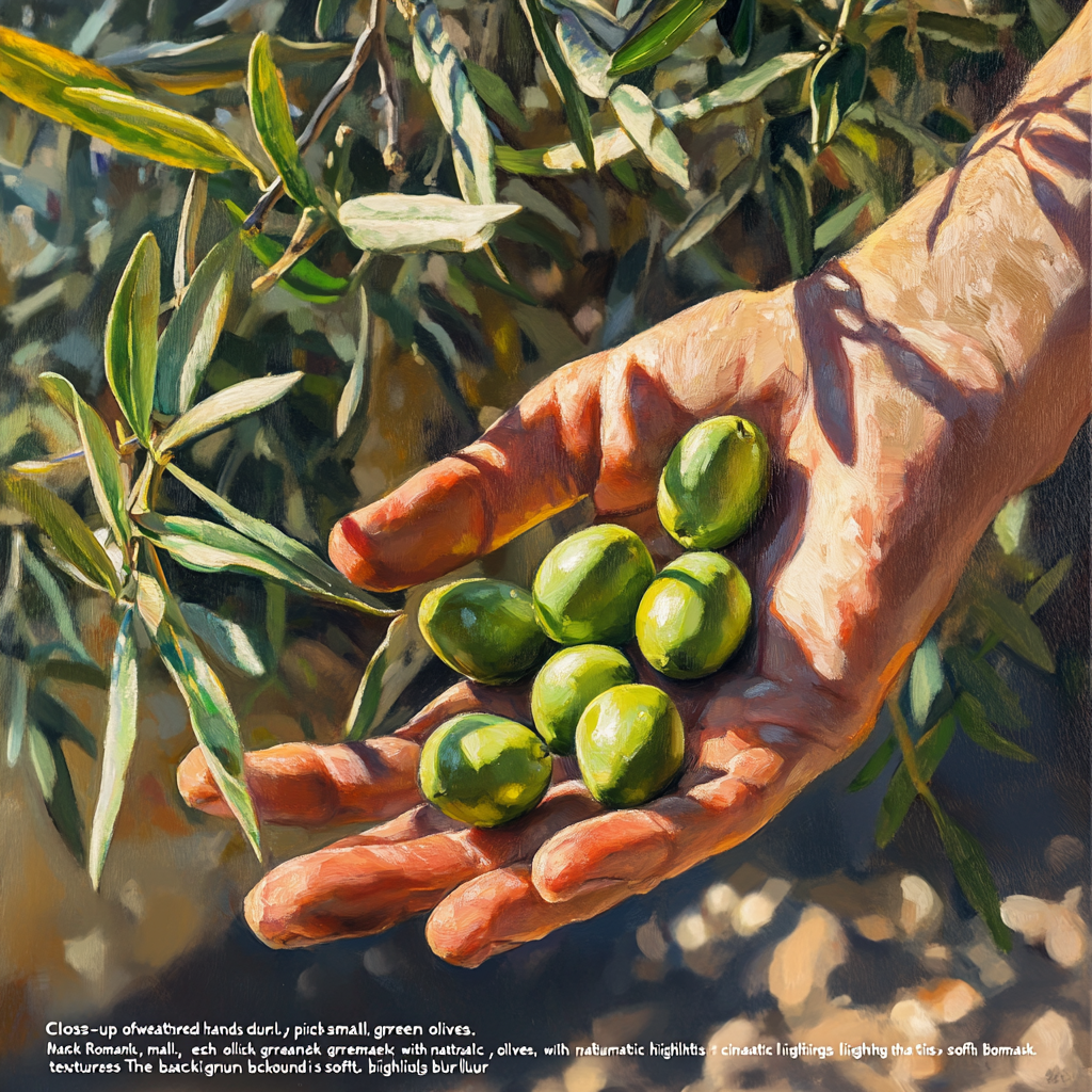 Delicate hands picking green Iranian olives softly