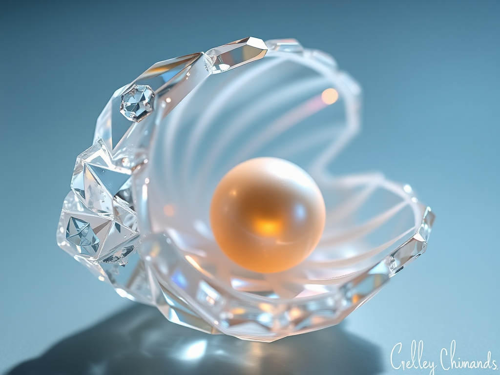 Delicate pearl in crystal shell, glimmering with refracted colors.