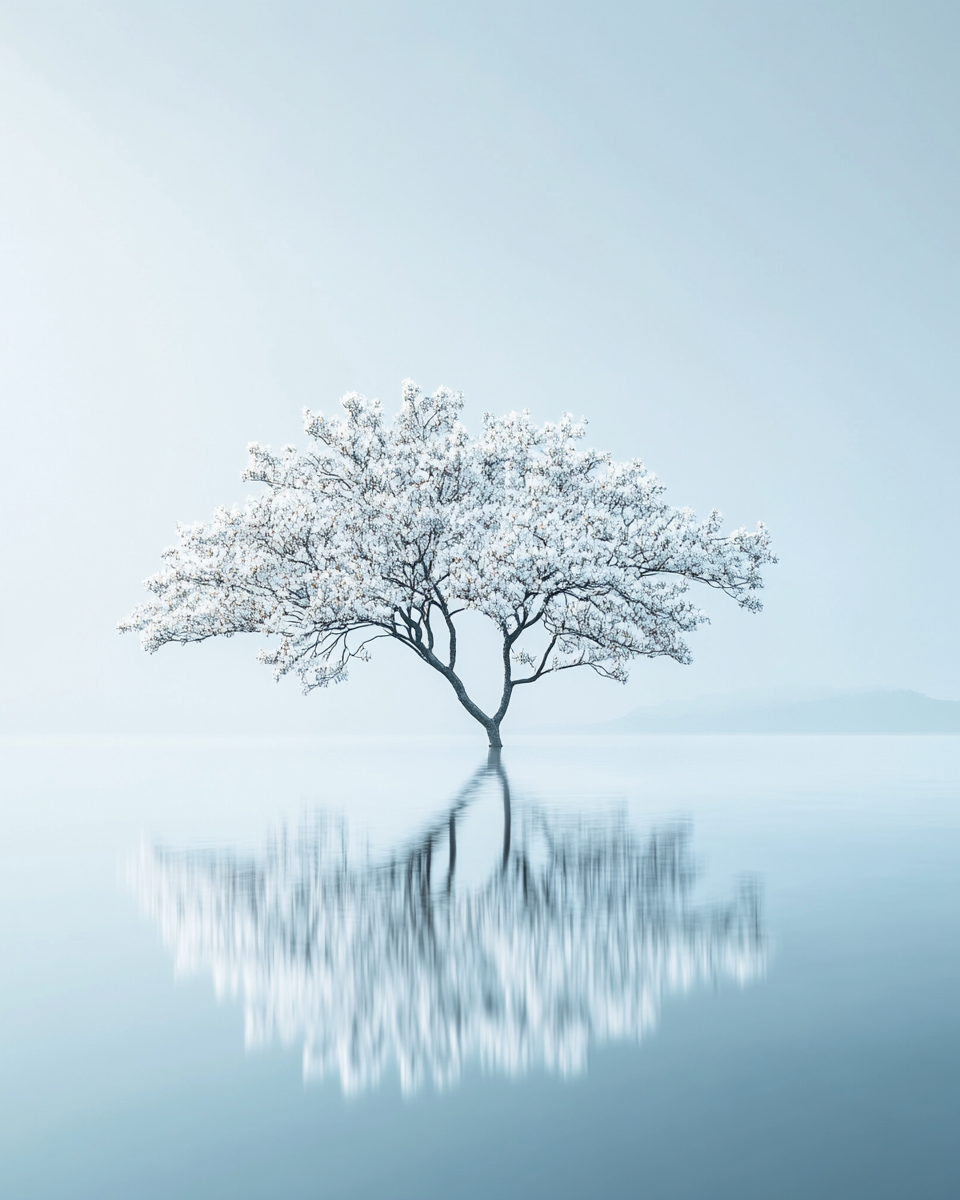 Delicate tree with white flowers reflected in calm water.